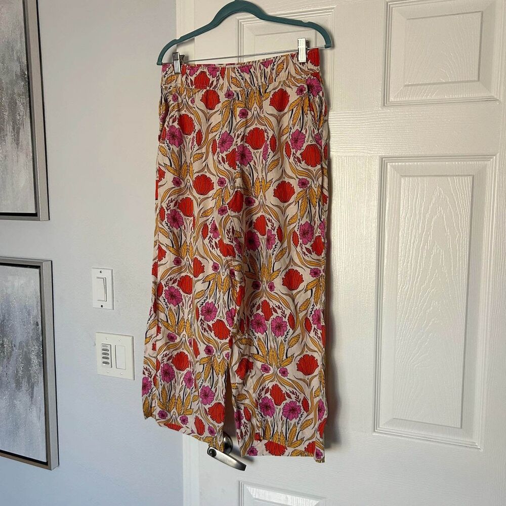 Rachel Zoe Linen Wide Leg Crop Pants Size Medium Pull On Floral M